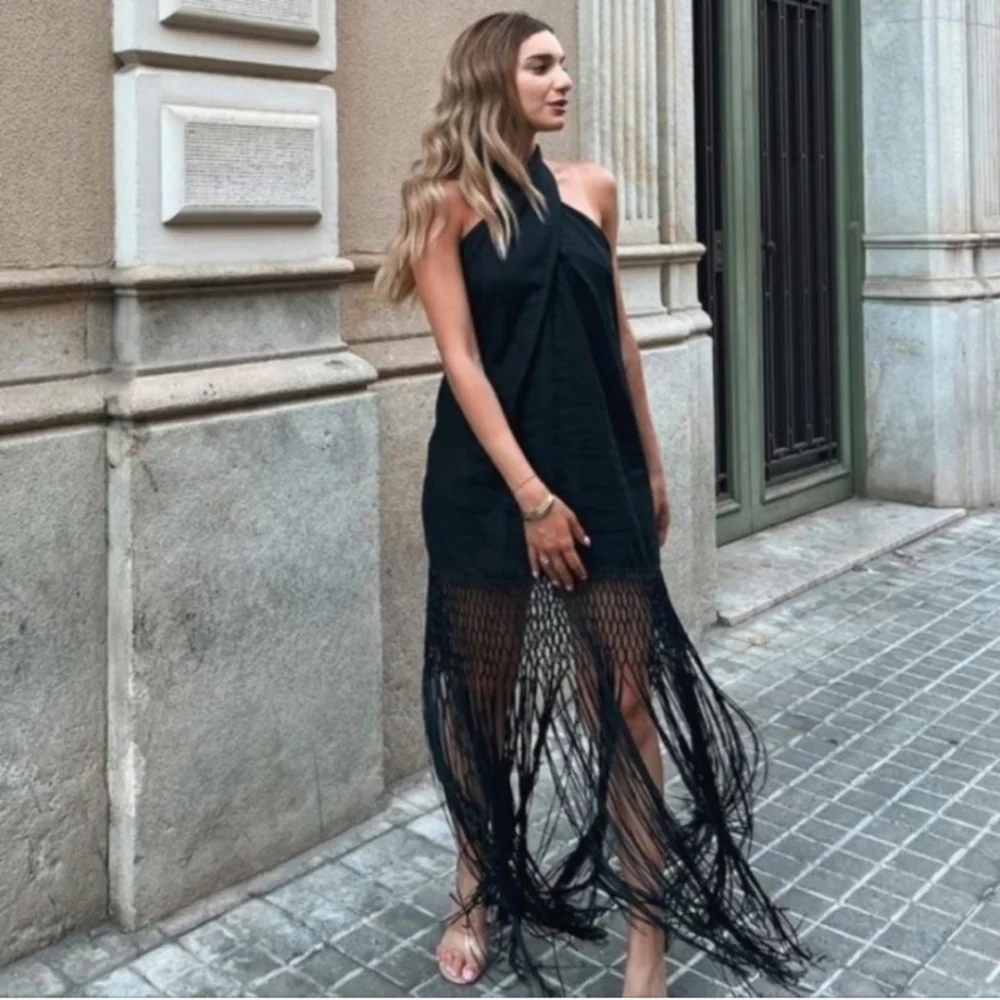 Zara halter * linen dress with fringe black size XS - Picture 14 of 16